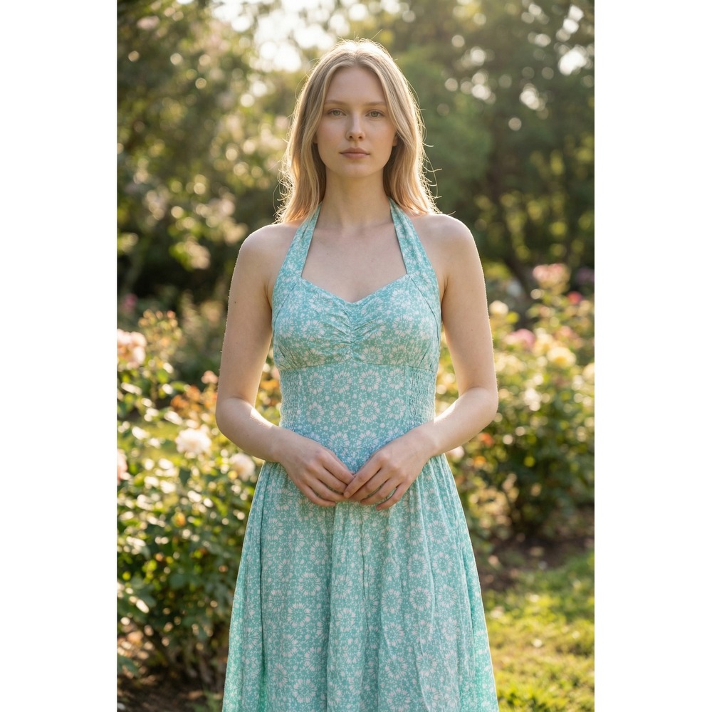 Pineapples Womens Mint Green Floral Rayon Halter Dress Smocked Back Size Large